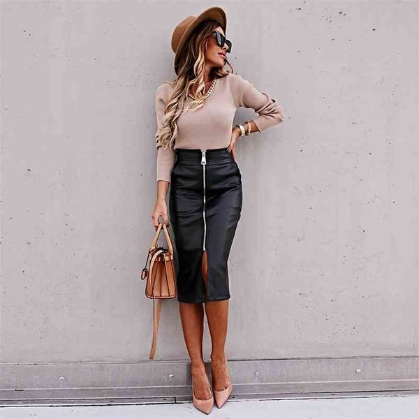 

pu women high waist slimming split office pencil front zipper faux leather brown black midi skirt d30 210324