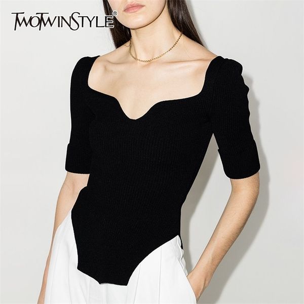 

twowinsyle knitted black slim shirt for women square collar short sleeve side split shirts female fashion clothes 210524, White