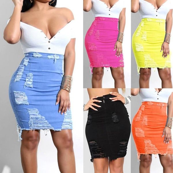

skirts denim skirt women high waist ripped distressed pencil mini jean womens 2021 midi, Black