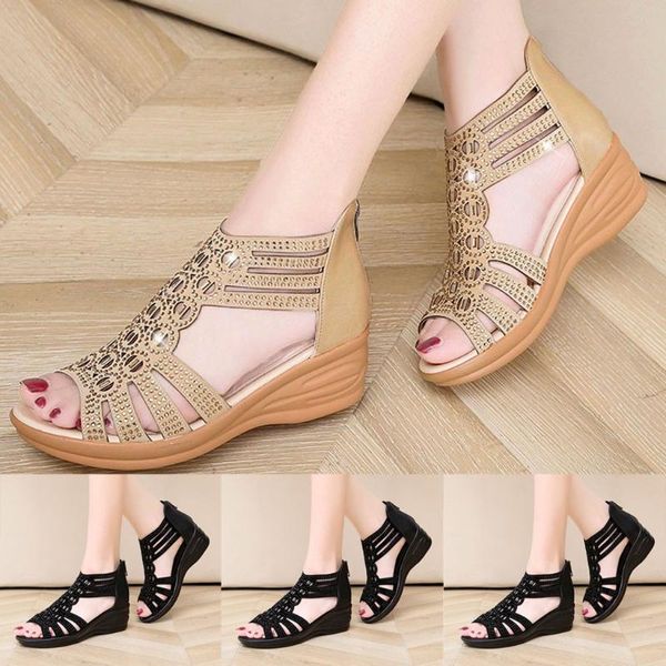 

sandals 2021 summer women wedge beach soft sole slide fish mouth hollow back zipper casual shoes zapatos de mujer, Black