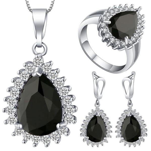 

earrings & necklace hainon water drop black/red/blue/green cubic zirconia cz stone silver color necklaces finger rings jewelry sets