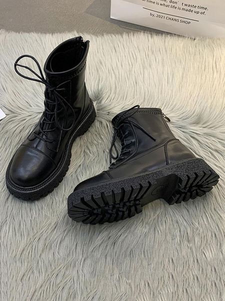 

boots shoes winter lady flat heel boots-women zipper luxury designer round toe rock 2021 med autumn over-the-knee ankle fashion, Black