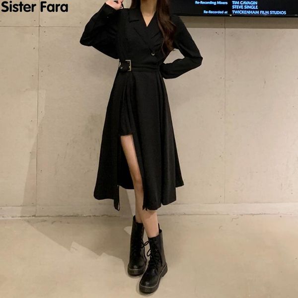 

sister fara spring 2021 women notched sashes dress female chic loose long sleeve mid-calf skirt autumn office lady casual dresses, Black;gray