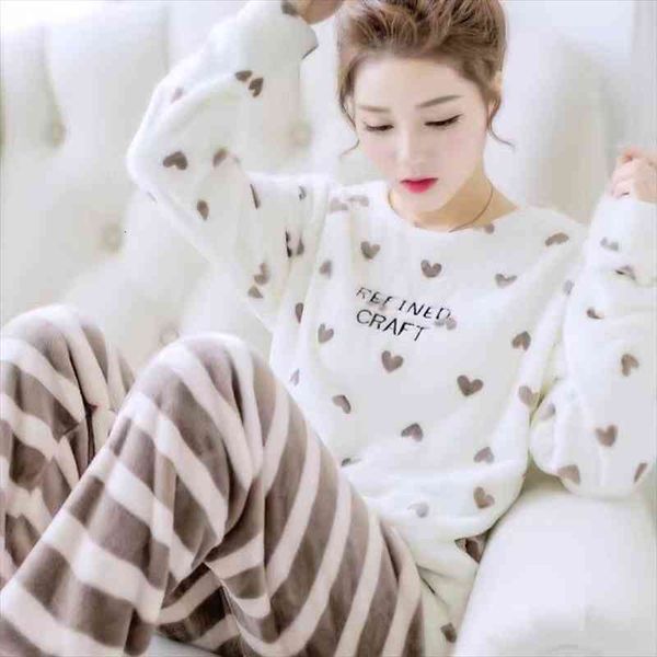 

winter flannel pajama set coral fleece pajama women thickening cartoon ladies home service suit plus velvet winter set, Black;red