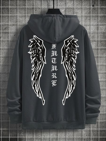 

men letter & wings print kangaroo pocket drawstring hoodie q5ae#, Black