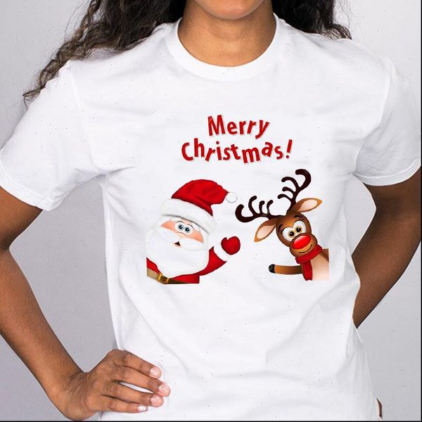 

women graphic deer printing letter year 90s merry clothes print lady tees clothing female t shirt, White