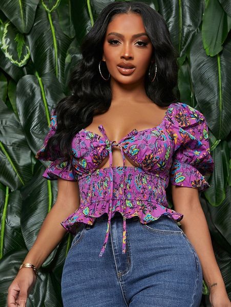 

sxy allover floral print puff sleeve tie front shirred detail 68uc#, White