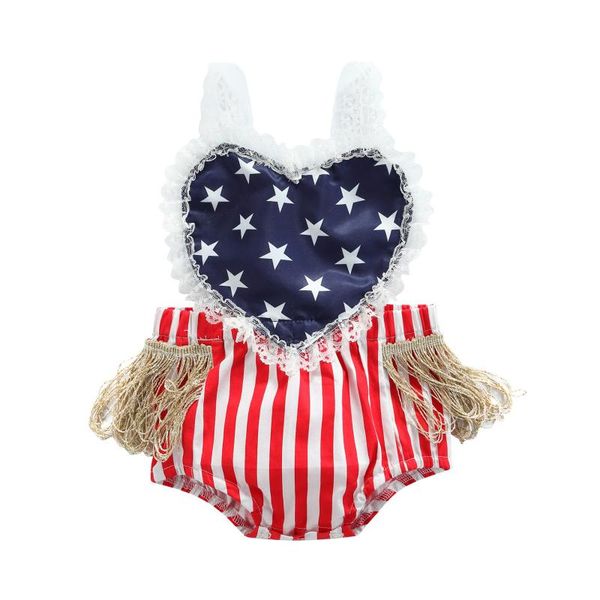 

clothing sets independence day baby girls romper, summer infant star stripe printing heart lace splicing sleeveless suspender jumpsuit, White