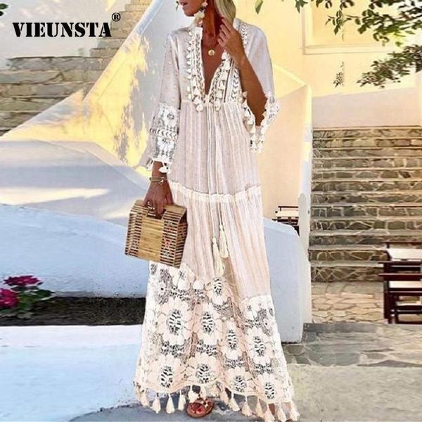 

spring v-neck tassel long party dress summer three quarter sleeve lace maxi retro patchwork loose beach vestido casual dresses, Black;gray