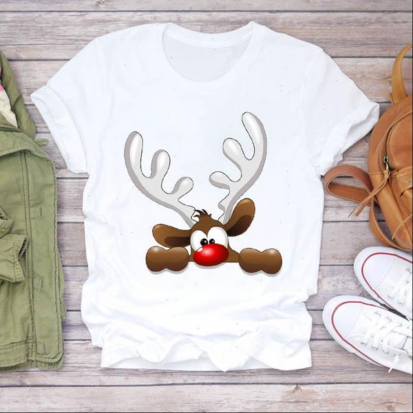 

women t shirts deer animal cartoon year 90s merry christmas print lady shirt ladies graphic female tee, White