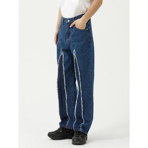 

men's jeans man denim pant men korean streetwear fashion splice design loose casual straight trousers, Blue