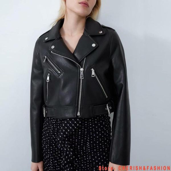 

women's leather & faux nice fashion women autumn winter black jackets zipper basic coat turn-down collar biker jacket with belt brand