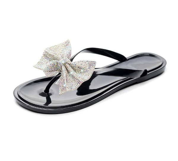 

slippers summer women's pinch bow flash drill sandals /slippers fashion wild rhinestone flip-flops ladies shoes, Black