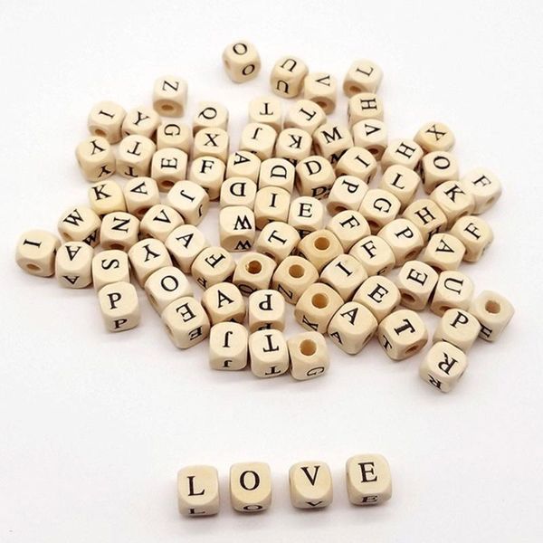 

other 100pcs/lot square alphabet number diy beads wooden 10mm baby smooth teether for jewelry making accessories random letters