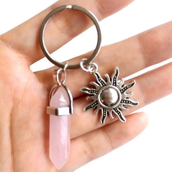 

natural stone hexagonal column couple keychain women opal quartz key chains with sun moon trinket wedding party lovers gift, Silver