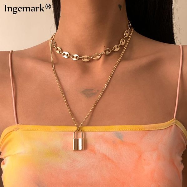 

2pcs/set punk multilayer metal chain necklace women collar boho vintage padlock lock goth fashion jewelry aesthetic accessories pendant neck, Silver