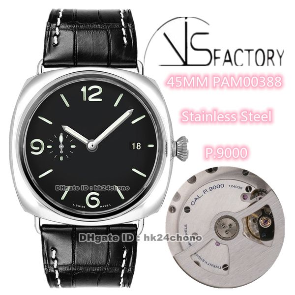 

version watches vs 45mm black seal stainless steel vs388 00388 p.9000 automatic mens watch black dial leather strap gents wristwatches, Slivery;brown