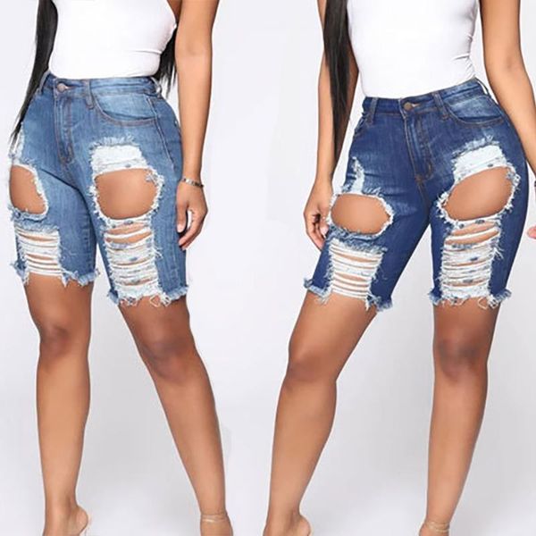 

women's jeans ripped denim short pants women holes skinny jean femme low waist boyfriend knee length bodycon slim shorts, Blue