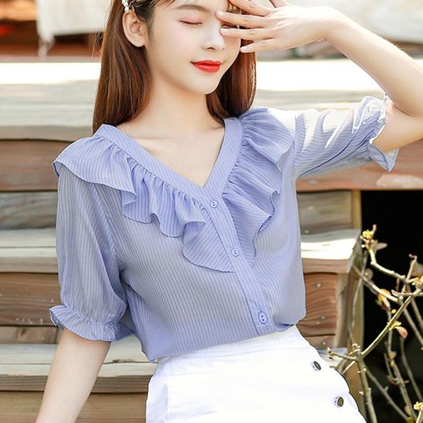 

women's blouses & shirts ljsxls ruffles chiffon blouse women summer korean v-neck striped womens blue loose small fresh clothing 2021, White