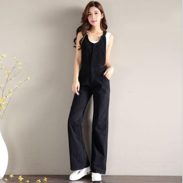 

women's jumpsuits & rompers autumn denim jumpsuit 2021 single-breasted women overalls casual jeans sleeveless wide leg, Black;white