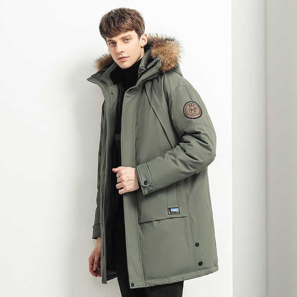 

men's white duck down thick cloak, casual warm coat, unified color, large leather collar, fashion, new winter series in 2021, Black