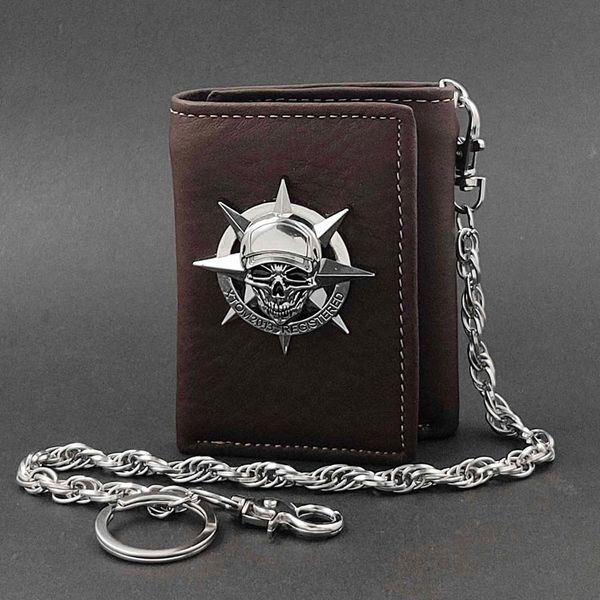 

big skull trifold card holder leather wallet men's biker chain brown, Red;black