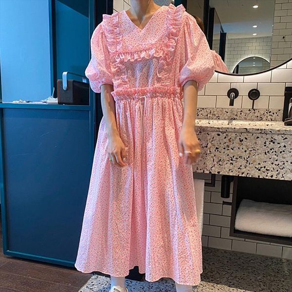 

[ewq] v neck wooden womens dress ear stitching drawstring long lantern sleeve floral female korean lady loose pink robe puff, Black;gray