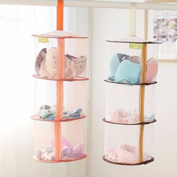 

windproof underwear clothes basket three-layer zipper hanging basket folding multi-layer drying rack mesh clothes