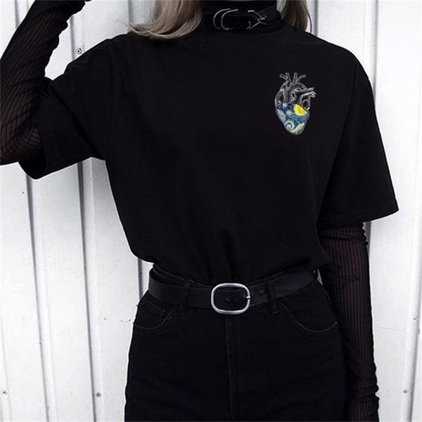 

women's starry night heart printed t-shirt tumblr fashion van gogh tee retro style hipsters grunge art hoe shirt 210512, White