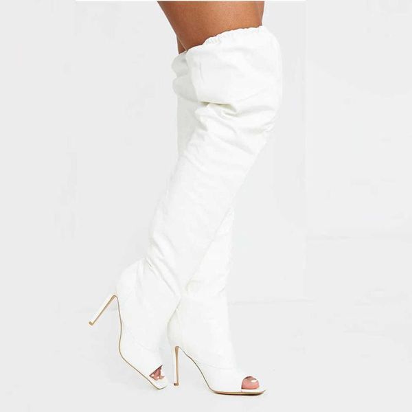 

boots summer 2021 fashion fish mouth thin heel high shoes over the knee long large size women's, Black