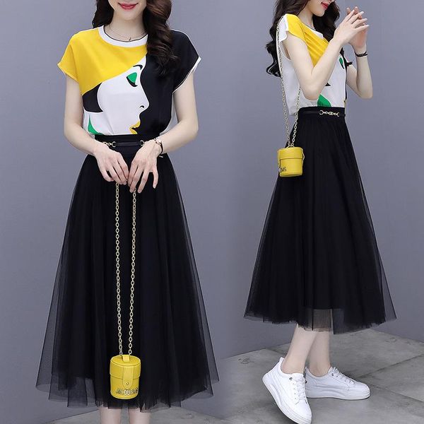 

women's blouses & shirts 2021 summer short sleeve printed chiffon shirt fairy net skirt two piece suit fashion dress, White