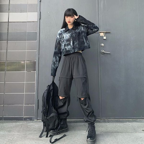 

women's jackets women jacket tie dye vintage streetwear clothing button pockets long sleeve short for 2021, Black;brown