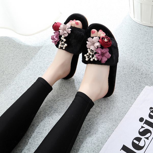 

2020 women pink flower house slippers women winter warm shoes woman slip on flats slides female faux fur slippers wholesale, Black