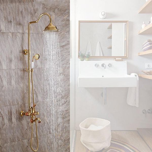 

brass solid wood bathroom gold shower faucet set with rainfall & handheld shower head & spout luxury set