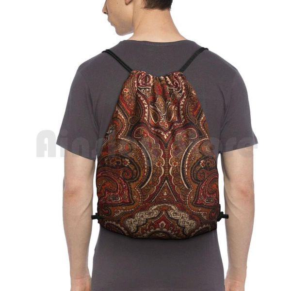 

backpack vintage paisley like pattern drawstring bag riding climbing gym retro brown burnt