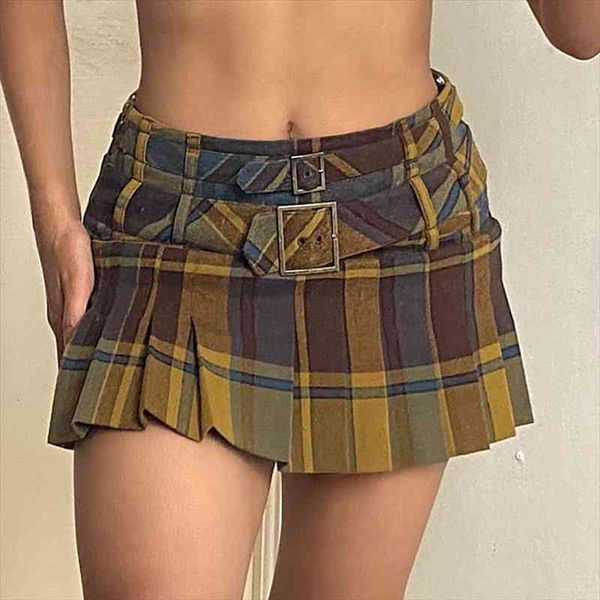 

preppy style grunge vintage plaid mini skirt women y2k aesthetic kawaii low rise pleated skirt harajuku vintage clothes, Black