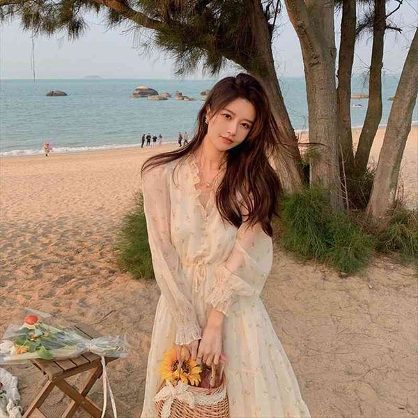 

elegant sweet retro dress women long sleeve chiffon v-neck floral dresses party beach dress for females korean style summer, Black;gray