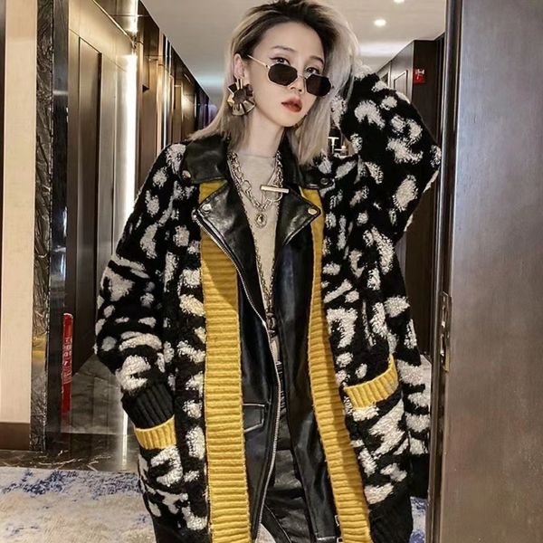 

sweater loose and lazy women's knitted jackets jacket 2021 autumn and winter leopard stitching leather fashion all-match, White;black