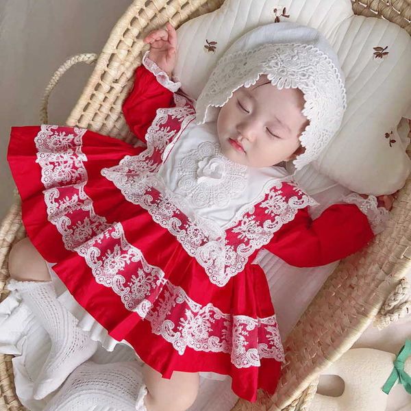 Toptan Bahar Bebek Kız Elbise Uzun Puf Kollu Dantel Lolita Tarzı Kırmızı Çocuk Giysileri E157 210610