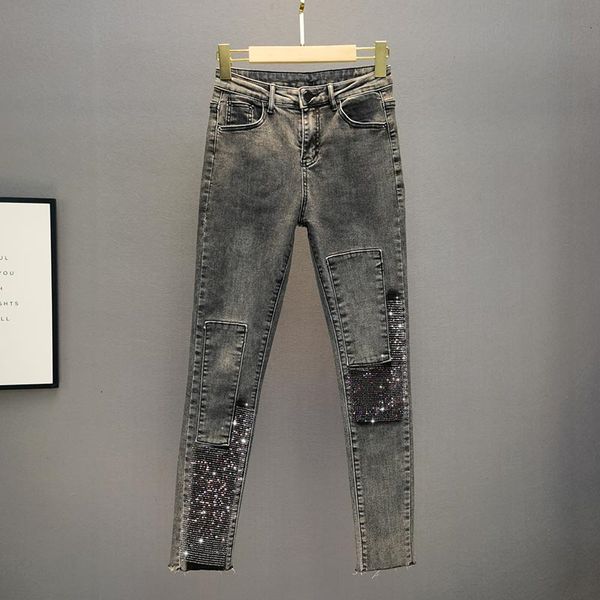 

women's jeans spring summer cotton thin drawing pencils gray jean strass female jeans leisure cowboy denim dj74, Blue