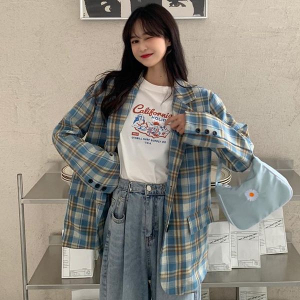 

women's suits & blazers zcsmll plaid autumn 2021 korean thin loose chiccasual jacket suit vintage women's blazer casual harajuku, White;black