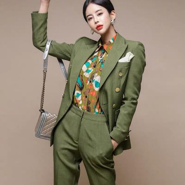 

women's two piece pants vintage blazer suits set women spring v-neck high waist jacket straight office lady slim fit business wear 2 pi, White