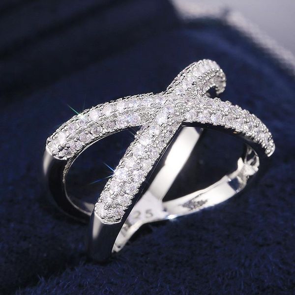 

wedding rings huitan luxury cross ring bridal evening party 3rows shine cz stone perfect quality versatile girl elegant gifts, Slivery;golden