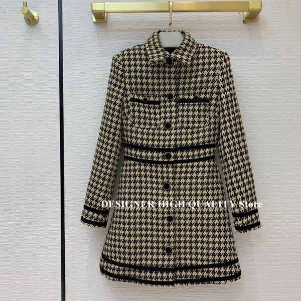 

casual dresses high-end brand wool tweed dress lapel pockets single breasted retro houndstooth pattern winter women's, Black;gray