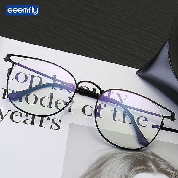 

fashion sunglasses frames seemfly 2021 women cat eye glass frame personalized round golden metal plain glasses men clear flat lens spectacle, Black