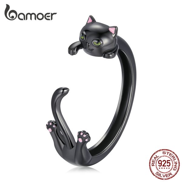 

silver creative dark black cat 925 sterling silver ring for women girls gift adjustable ring jewelry anillo bsr217 220217, Slivery;golden