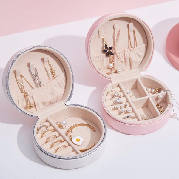 

jewelry pouches, bags pu leather waterproof round solid color box necklace bracelet storage organizer portable ring earrings case holder, Pink;blue