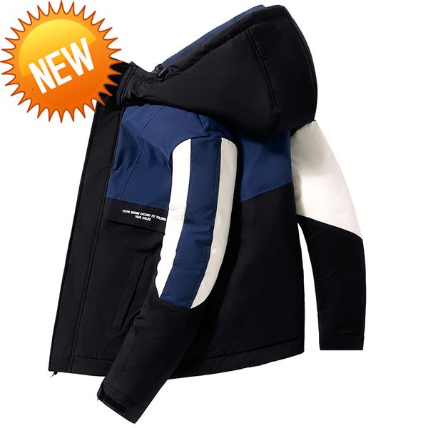 

winter 2021 new thickened men's hooded down jacket short warm white duck coat patchwork outer streetwear clothes, Black
