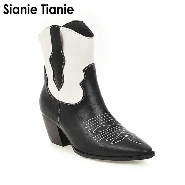 

boots sianie tianie 2021 patchwork vintage old fashion fleece woman winter warm shoes high heels slip on ankle size 34-48, Black