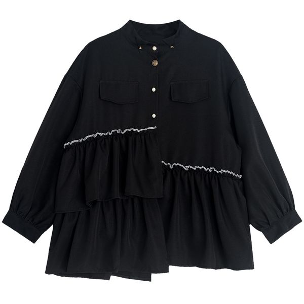 

black stand collar asymmetrical ruffle button lantern long sleeve loose shirt b0685 210514, White